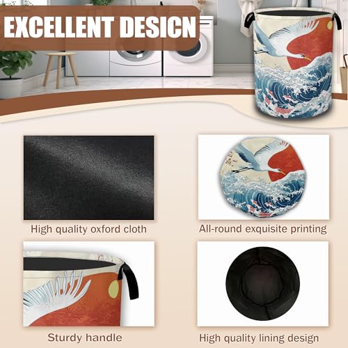White Crane Laundry Baskets,Red Sun Japanese Wave Laundry Hamper,Storage Basket with Handles for Bathroom Bedroom College Dormitory Living Room Nursery Organizer 16"x20.8" - color: White Crane, Red Sun Japanese Wave