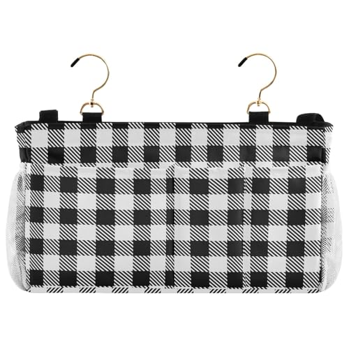 Buffalo Plaid Check Black Print Bedside Caddy Storage Bag Bedside Organizer for Bunk Bed Headboards College Organizer Caddy Hanging Shelf 6 Pockets with Hooks for Drinks Magazine Phone Holder - color: Buffalo Plaid Check Black
