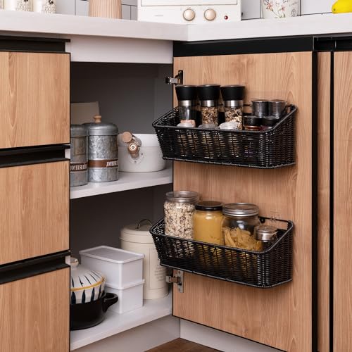 GRANNY SAYS Wicker Hanging Basket, 2 Pack Wall Basket for Kitchen, Fruit and Vegetable Storage Cabinet, Pantry Storage Spice Organization for Cabinet, Adhesive Shelf for Bathroom, Black - color: Black