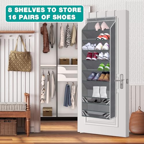 Homgaty Over the Door Shoe Rack Organizer fit 16-20 Pairs, Hanging Shoe Organizer Storage Dustproof Over the Door Shoe Organizer with Stable Sticker Pad for Closet Door Hanging Boots Storage