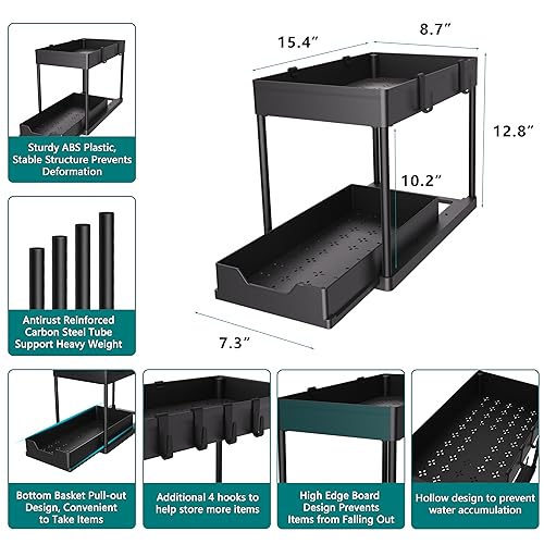 MEAFBIRD 2 Pack Under Sink Organizer, 2 Tier Bathroom Cabinet Organizer with Sliding Basket, Multi-Purpose Under Sink Organizers and Storage for Bathroom Kitchen (Black 2 Pack) - color: Black 2 Pack