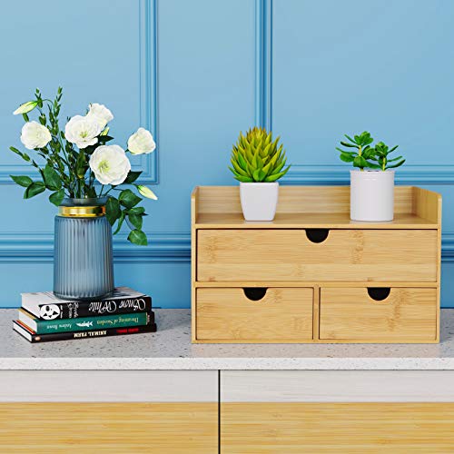 Desk Organizer with Drawers - Bamboo Desktop Organizers Storage | Wood Makeup Organizer for Bills, Office Supplies, Cosmetics, Seals, Kitchen Utensils, No Assembly Required - color: Nature-S1X2, size: 13”L x 6.6”W x7.87”H