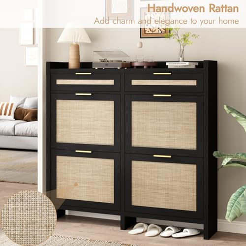 HOKYHOKY Large Rattan Shoe Storage Cabinet with 4 Flip Drawers & 2 Storage Drawers – Hidden Slim Shoe Organizer for Entryway, Large Tabletop Space, Farmhouse Boho Narrow Shoe Rack, Rustic Black - color: Rustic Black, size: 4 Flips