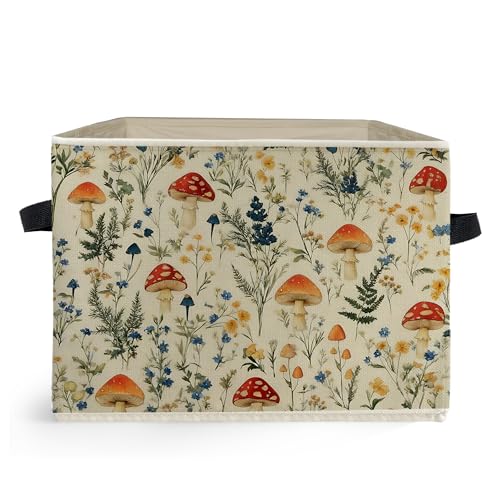 Rustic Mushroom Storage Box Bins, Cottagecore Wildflower Botanical Mushroom Collapsible Storage Basket Organizer for Bedroom Laundry Room Home Clothes Toys Books, Toybox for Kids - color: Floral A