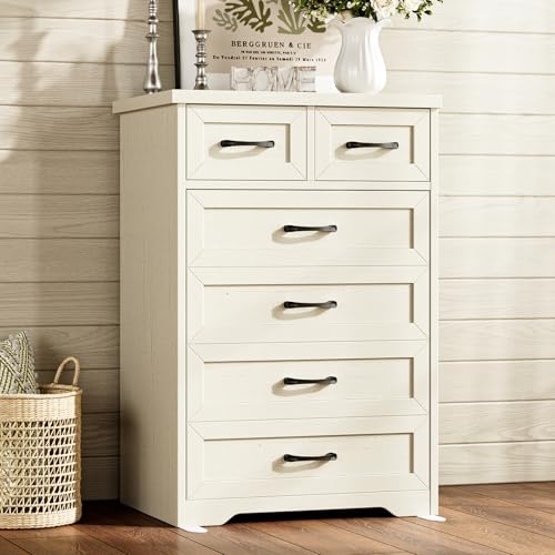 AODK Farmhouse Tall 6 Drawer Dresser for Bedroom, 5-Tier Vertical Storage Chest with Mixed Drawers, Engineered Wood Frame with Anti-Tip Safety, American Country Furniture, Vintage White - color: Vintage White, size: 15.7"D x 26"W x 38.2"H (6 Drawers)
