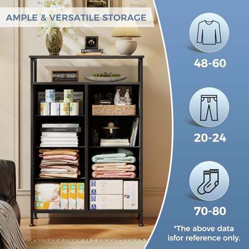 DUMOS Fabric Dresser for Bedroom with 8 Drawers, Tall 8-Drawer Chest of Drawers with Raised Shelf, Storage Tower with Fabric Bins for Closet Organization, Hallway Storage, Ink - color: Ink, size: 31.5"D x 45.9"W x 11.8"H (8 Drawers)