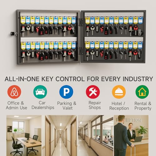 48 Key Lock Box – Wall Mounted Key Cabinet with Magnetic Door & Key Tags, Steel Lockable Key Organizer for School, Office, Hotel, Property Management - size: 48 Key(Basic)