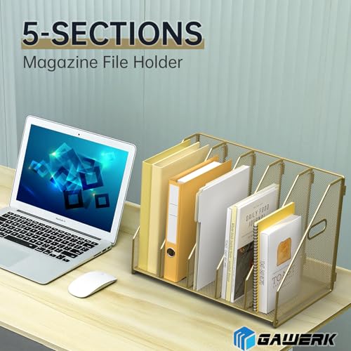 MINDEPOT Desk File Organizer Metal Desk Magazine Folder Holder with 5 Vertical Compartments Rack File Organizer for Office, Home, School (Gold) - color: Gold