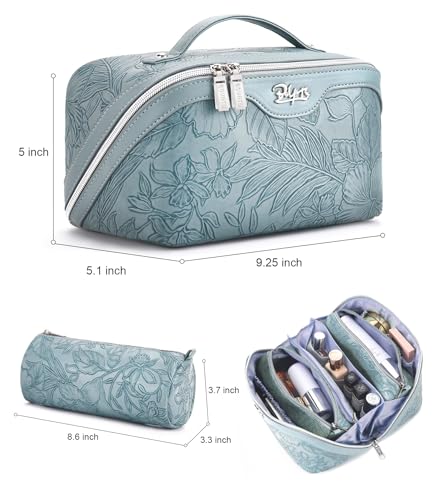 BOYATU Travel Makeup Bags Cosmetic Organizer Bag: 3 Pcs Set Large Capacity Floral Make up Bag with Compartments - Waterproof Leather Toiletry Bags with Handle for Women (01-Light Blue) - color: 01-Light Blue