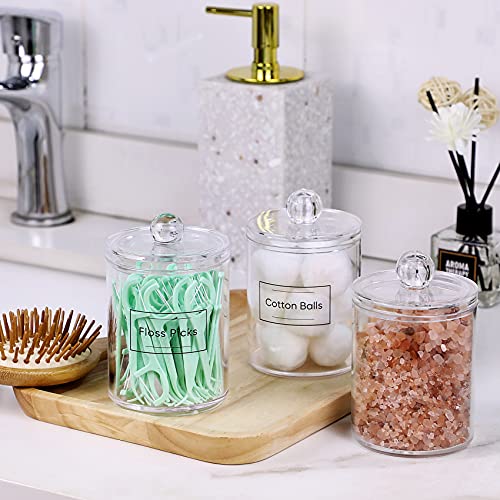 AOZITA 3 Pack Acrylic Qtip Holder Dispenser for Cotton Swab, Ball, Round Pads, Floss Picks - 10 oz Clear Plastic Apothecary Jar Set for Bathroom Canister Storage Organization, Vanity Makeup Organizer - color: Clear, size: 3 Pack