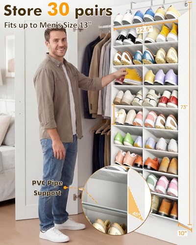 30 Pairs Over the Door Shoe Organizer, 10 Tiers Shoe Rack for Door with Wider & Deeper Pockets(Fit Men's Size 14), Hanging Shoe Holder Storage for Closet, Bedroom, Bathroom (White - color: White