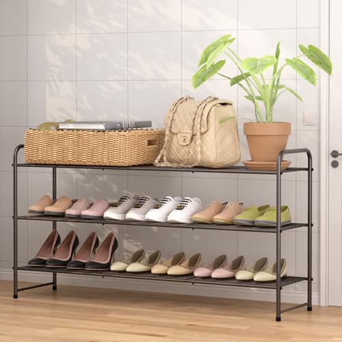 3-Tier Long Metal Shoe Rack,Extra Large Capacity Adjustable Stackable Shoe Organizer Shelf for Closet Entryway,Bronze 42" W × 24.5" H - color: 3-tier Bronze, size: 3-Tier Long