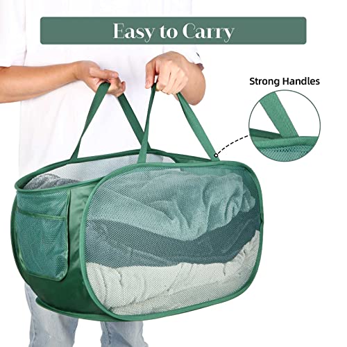 Sturdy Mesh Pop Up Laundry Hamper, Collapsible Laundry Baskets with Side Pocket, Foldable Clothes Hamper with Reinforced Carry Handles for Laundry, Bathroom, Kids Room, Dorm or Travel 2 Pack Emerald - color: 2 x Emerald