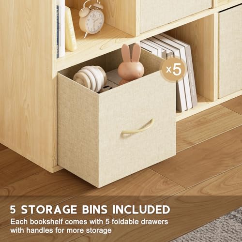 9 Cube Storage Organizer - Solid Wood Bookshelf with 5 Storage Bins, Cube Shelf with 3 Removable Back Panels, Vertical or Horizontal Bookcase, Open Book Shelf for Bedroom, Living Room, Office - size: 9 Cube Shelf