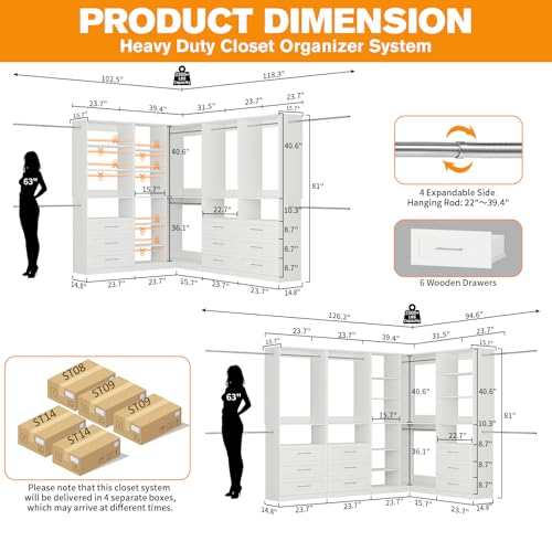 Closet System with 4 Sets, 8.5FT-21.5FT Corner Closet Organizer System with 9 Drawers & 12 Shelves & 8 Hanging Rods, Custom L-Shaped Modular Walk-in Closet Organizers and Storage System Corner, White - color: 080909014-White