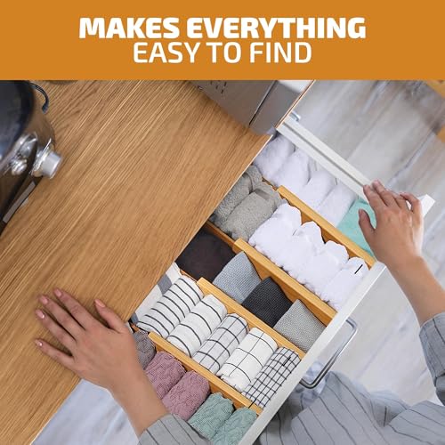 6-Pack Bamboo Drawer Dividers - 2.6 in High, Adjustable 16 to 22 in Expandable Drawer Organizers and Dresser Separators for Clothes, Bedroom, Bathroom, Kitchen, and Office Organization and Storage - color: Bamboo