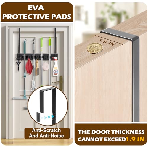 Mop and Broom Holder Over the Door, Wood Broom Hanger, Broom and Mop Organizer with 4 Slots and 7 Hooks, Drilling-Free Mop and Broom Holder for Garage, Laundry Room, Broom Hanger and Storage Tool