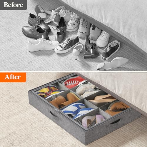 Lifewit Under Bed Shoe Storage Organizer Fits 8 Pair Sneakers, 4.3 Inches Tall Sturdy Structure Ultra Thick Fabic Sneaker Storage, Foldable Underbed Shoe Boxes for Heels, Boots, Sports Shoes 3 Pack - size: 50L