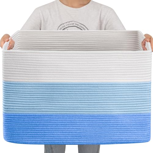 OIAHOMY 108L Super Large Blanket Basket, 25”x16”x16” Rectangle Woven Baskets for Storage, Cotton Rope Basket For Living Room, Toy Storage with Handle - Gradient Light Blue - color: Gradient Light Blue