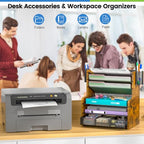 DAOUTIME 6-Tier Mesh Desk Organizer with Drawer, Wooden Office Organizer for Papers, Folders & Office Supplies - Sturdy Desktop File Holder with 2 Pen Holders - Space Saving Home Office Accessories