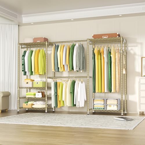 Ulif E1 Heavy Duty Closet Garment Rack, 6 Tiers Adjustable Metal Freestanding Expandable Clothing Storage with 4 Hanger Rods, Easy to Assemble Wardrobe, 71.4" H x (70" - 88.2") L x 14" D, Gold - color: Gold