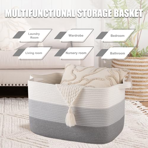 65L Cotton Rope Large Blanket Basket (19.7"x15.7"x11.8") for Living Room, Kids Room & Laundry, Storage Basket with Handle for Organizing Blankets, Pillows, Clothes & Toys, Gradient Grey - color: Gradient Grey, size: 19.7"x15.7"x11.8"