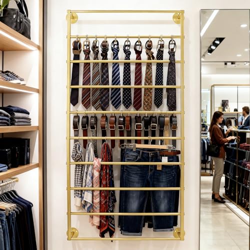 10-Layer Wall Mounted Display Rack, Tie & Scarf Rack Belt Towel Holder Wrapping Paper Ribbon Organizer Metal Shelving Scarves Belts Necktie Hijab Stand for Home, Retail Stores, Flower Shop - color: Gold, size: L: 23.6 in, H: 47.2 in