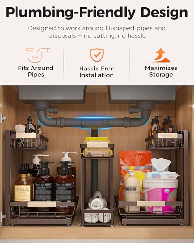 Sevenblue 3 Pack Under Sink Organizer, Multi-Purpose 2 Tier Pull-Out Metal Under Kitchen Sink Organizer, Height Adjustable Storage Shelves for Kitchen Bathroom Cabinet - color: Brown