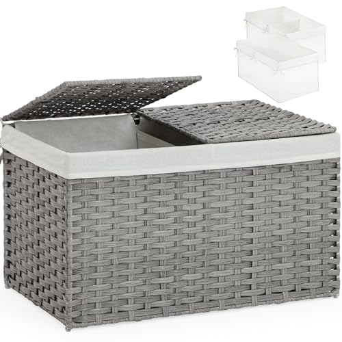 SETVSON Storage Basket with Lid, PE Rattan Woven Storage Baskets with 2 Separate Lids, 17.2 Gallon (65 L), 22.2 x 13 x 13.8 Inches, 2 Removable Liner Bags Handles for Bedroom, Laundry Room Gray - color: Gray, size: 65L-22L*13W*13.8H