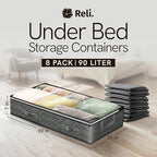 Reli. 90L Under Bed Storage Containers (8 Pack) | Closet Organizer with Clear Window | Underbed Storage Bins for Towels, Sweaters, Linens | Large Organizer for Closet (Gray)