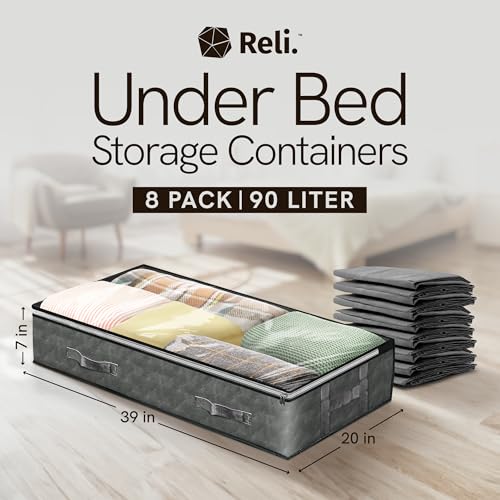 Reli. 90L Under Bed Storage Containers (8 Pack) | Closet Organizer with Clear Window | Underbed Storage Bins for Towels, Sweaters, Linens | Large Organizer for Closet (Gray)
