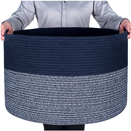 MINTWOOD Design Extra Large 22 x 14 Inches Blanket Storage Basket, Laundry Basket, Decorative Woven Cotton Rope Baskets for Blanket Storage Living Room, Dog Toy Storage Basket Bin, Navy Blue - color: Navy Blue