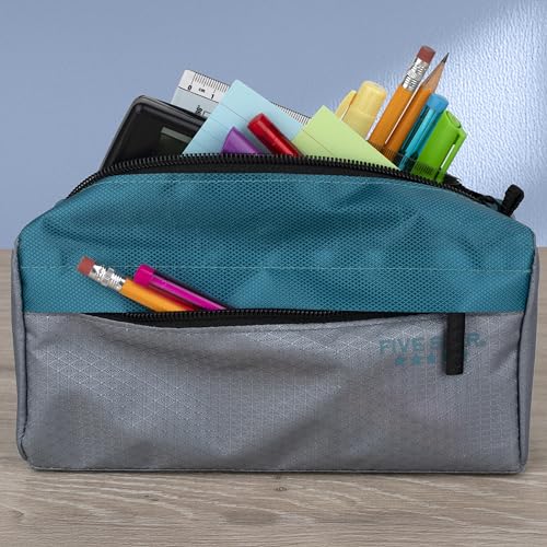 Five Star Pencil Pouch 9-Pocket Zipper Storage Organizer Case for Office Supplies Earbuds Chargers Cables Makeup, Grey/Teal (505600D) - color: Gray/Teal, size: 8"L x 4"W x 3"H