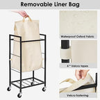 Laundry Hamper with Rustic Brown Lid & Wheels; 96L Large Rolling Laundry Basket with Removable Oxford Liner Bag; Tall Freestanding Dirty Clothes Hamper with Side Pocket; Metal Frame Laundry Cart - color: Beige