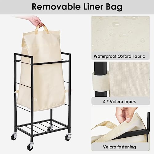 Laundry Hamper with Rustic Brown Lid & Wheels; 96L Large Rolling Laundry Basket with Removable Oxford Liner Bag; Tall Freestanding Dirty Clothes Hamper with Side Pocket; Metal Frame Laundry Cart - color: Beige
