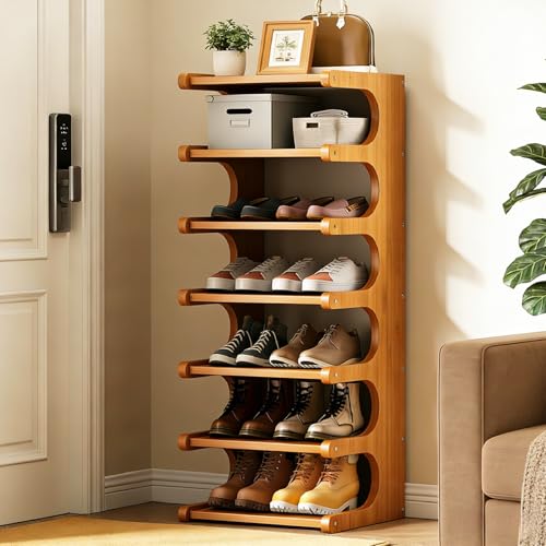 39" Bamboo Shoe Rack - Vertical Shoe Organizer Rack for Small Space, Narrow Shoe Tower for Closet, Entryway, Corner, Tall Shoe Shelf with Removable Shelves, Flexible Storage Shelf for Saving Space - color: Brown