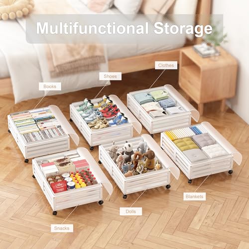 Under Bed Storage Containers With Wheels - 2 Pcs Bamboo Wood Rolling Underbed Shoe Storage Bins With Dust Bags for Clothes Blankets, Duvet Covers Snacks Toys (White) - color: White, size: M