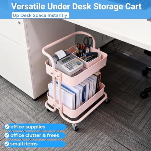 2 Tier Short Rolling Cart with Wheels All-Metal Pink Pantry Storage for Kitchen,Under Desk Trolley with Handle Small Wheeled Storage Cart for Laundry Room Bathroom, Under Table Small Space - color: C-pink