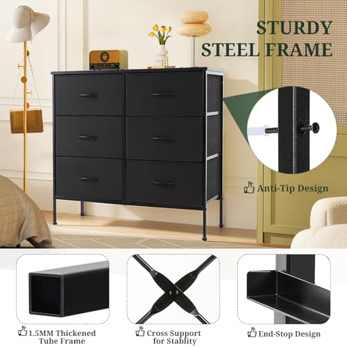 6-Drawer Dresser for Bedroom, Anti-Tip Wide Storage Organizer Chest of Drawers with Wooden Top and Metal Frame Fabric Bins for Closet, Living Room, Hallway, Entryway, Black - color: Black, size: 11.8"D x 31.5"W x 31.5"H (6 Drawers)
