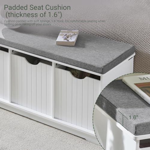 Haotian White Storage Bench with Drawers & Padded Seat Cushion, Hallway Shoe Cabinet Shoe Bench, FSR30-W