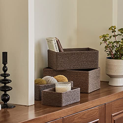 Paper Rope Woven Storage Basket Set of 4 with Fabric Liner, Stackable Multipurpose Organizer Bin, Brown - color: Brown