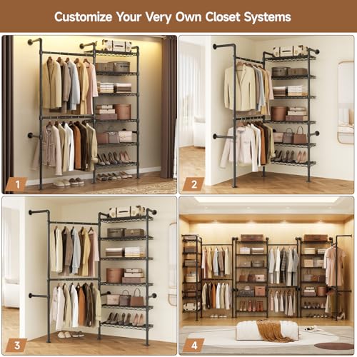 Wall Mounted Garment Rack, Walk-in Closet System with Expandable Rods, Adjustable Shelves, Industrial Pipe Clothing Racks, Hanging Clothes Organizers and Storage, Metal Closet Shelving Wardrobe - color: Black