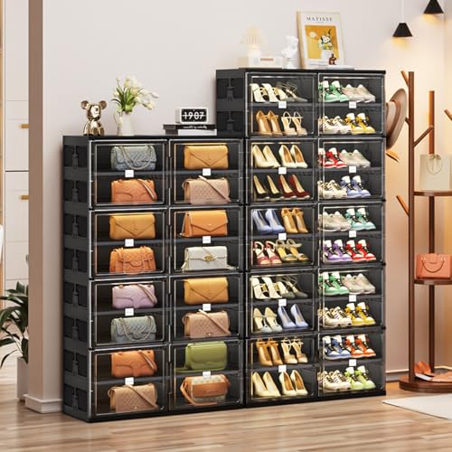 JEKO&JEKO 6 Tiers Foldable Shoe Rack Organizer Cabinet for Closet Entryway, Large Collapsible Shoe Storage Box with Magnetic Doors (Black) - color: Double-row, size: 6 Tiers
