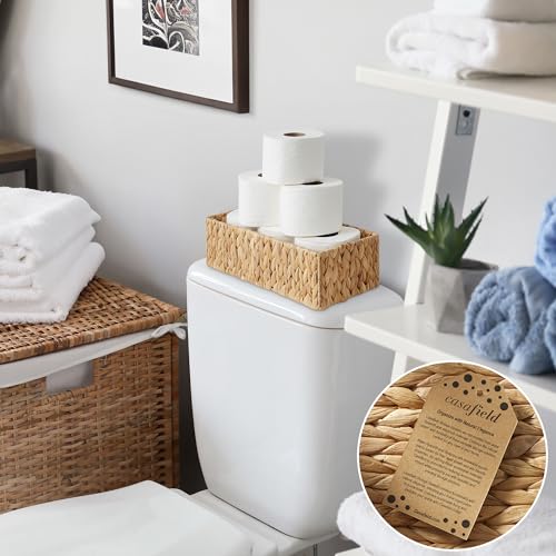 Casafield Set of 2 Bathroom Storage Baskets, Natural - Water Hyacinth, 16" W x 6.75" D x 4.25" H, Woven Toilet Tank Topper Bins for Organizing Tissues, Toilet Paper, Toiletries, Shelves - color: Natural - Hyacinth, size: 16" x 6.75" x 4.25"