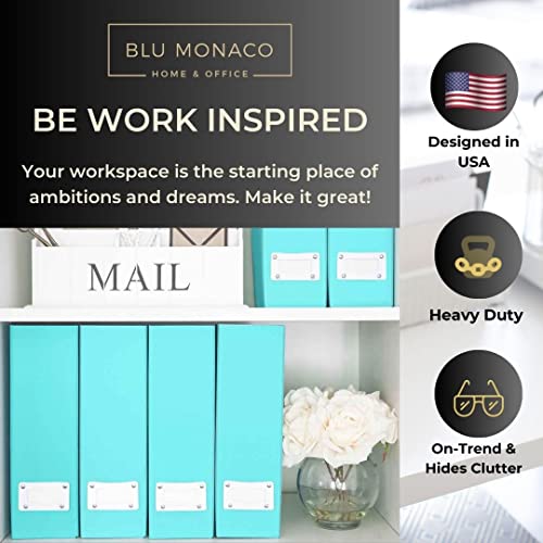 BLU MONACO Set of 6 Aqua Magazine File Holders | Foldable Magazine Storage Boxes with White Leather Label Holders | Vertical File Organizer for Desk, Shelves & Home Office - color: Aqua