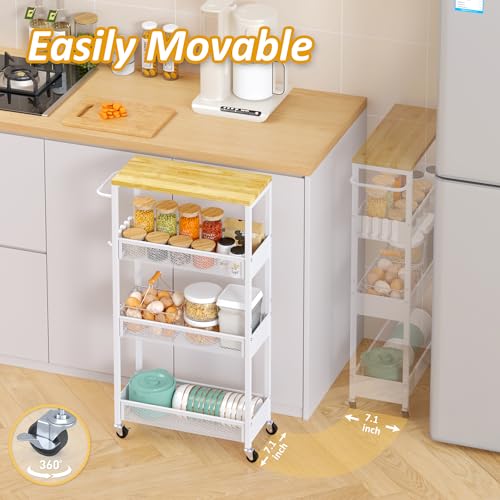 Vincona Slim Storage Cart on Wheels, 4 Tier Metal Narrow Rolling Cart with Handle and Wood Top, Multifunctional Small Mobile Shelf Unit Organizer Trolley for Laundry, Bathroom, Kitchen - color: White, size: 7.1" wide