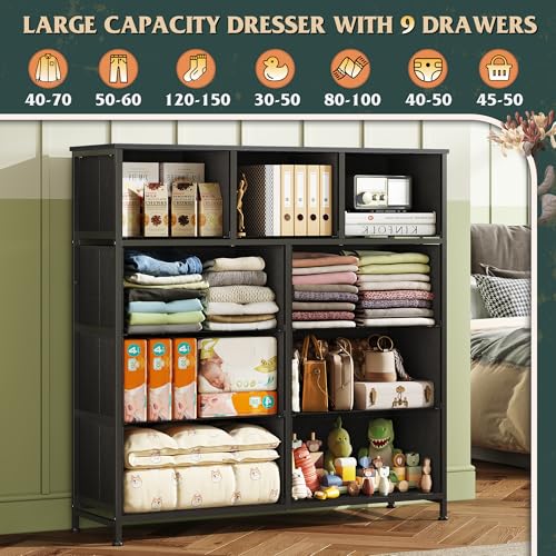 WLIVE 9 Drawer Dresser, Fabric Storage Tower for Bedroom, Hallway, Closet, Tall Chest Organizer Unit for Bedroom with Fabric Bins, Steel Frame, Wood Top, Easy Pull Handle, Vintage Green - color: Turquoise