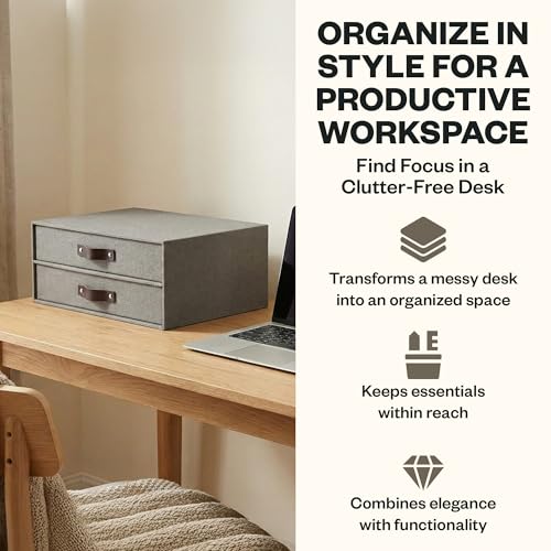 Bigso Birger 2-Drawer Canvas Fiberboard Easy Pull Handle Document Letter Box | Desktop Drawers for Loose Papers and Documents | Desktop Storage Drawers with Leather Handles | 13.1” x 10” x 5.7” | Grey - color: Grey