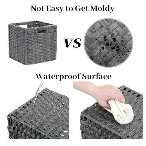 DULLEMELO 11x11 Wicker Baskets for Storage, Plastic Woven Cube Storage Bins for Shelves, Waterproof Foldable Wicker Baskets for Organizing Shelves,Closet, Clothes, Toys-Grey - color: Woven-Grey, size: 11in-2 pack