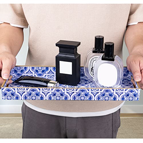 MAONAME Blue Decorative Tray, Plastic Serving Tray with Handles, Rectangular Moroccan Trays, Long Narrow Trays for Bathroom, Kitchen Counter, 13.8" X 6" X 1.57" - color: Blue-moroccan
